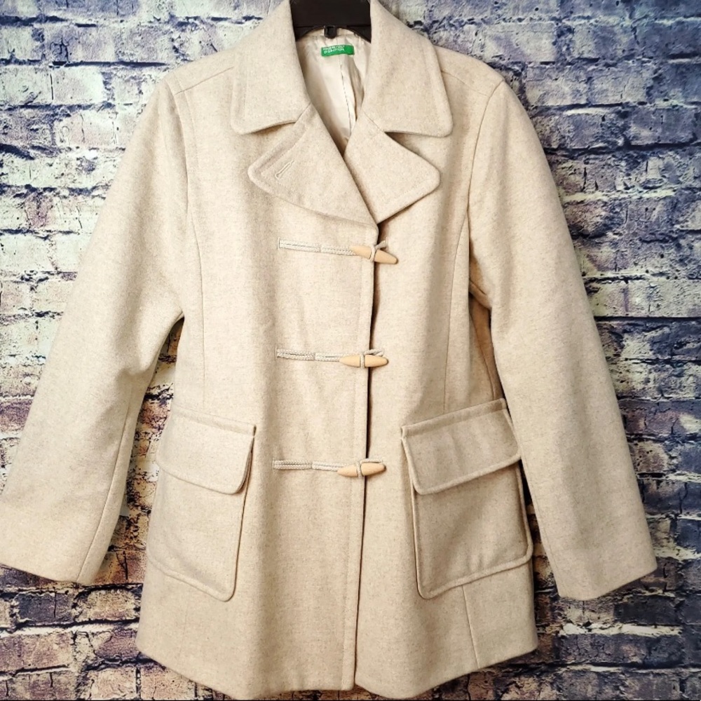 United Colors Of Benetton Beige Wool Duffle Toggle Coat Size M Made In Italy